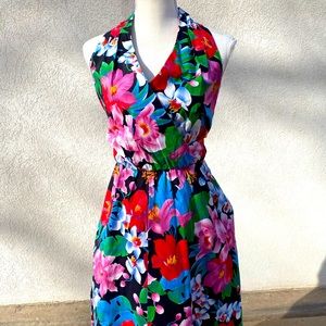 80s vintage halter style dress, floral dress, summer dress, halter dress, cotton
